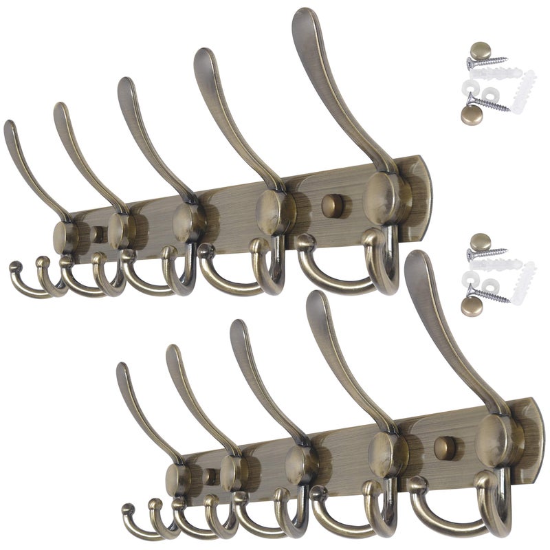 WEBI Coat Rack Wall Mount,Coat Hanger Wall,Coat Hooks Wall Mounted,Hook Rack Rail,5 Triple Hooks for Hanging Clothes,Hats,Jacket,Bronze,2 Packs - Image 1